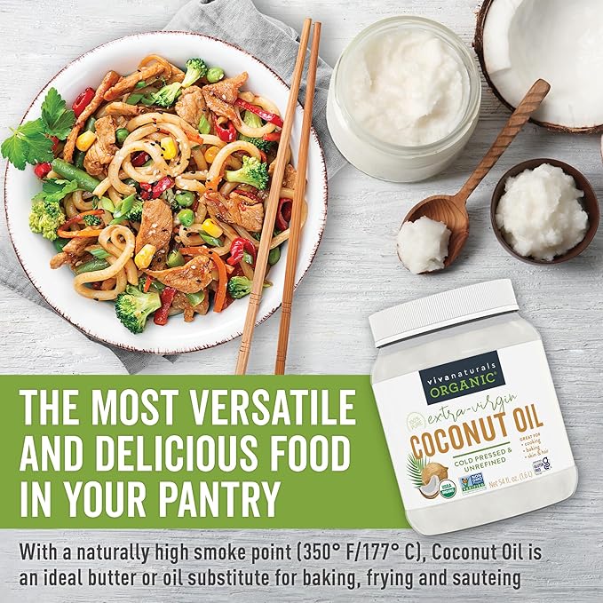 Viva Naturals Organic Coconut Oil, 54 fl oz – Unrefined, Cold-Pressed Extra Virgin Coconut Oil, USDA Organic & Non-GMO, Natural Cooking Oil, Hair Oil & Skin Oil