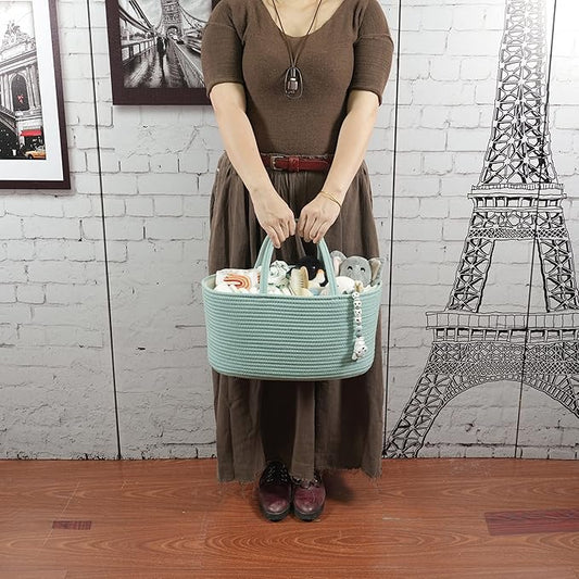 Large Baby Diaper Caddy Organizer for Girl Boy Rope Nursery Storage Bin Basket Portable Holder Tote Bag for Changing Table Car Travel Baby Shower Gifts Newborn Essentials Registry Must Have Green