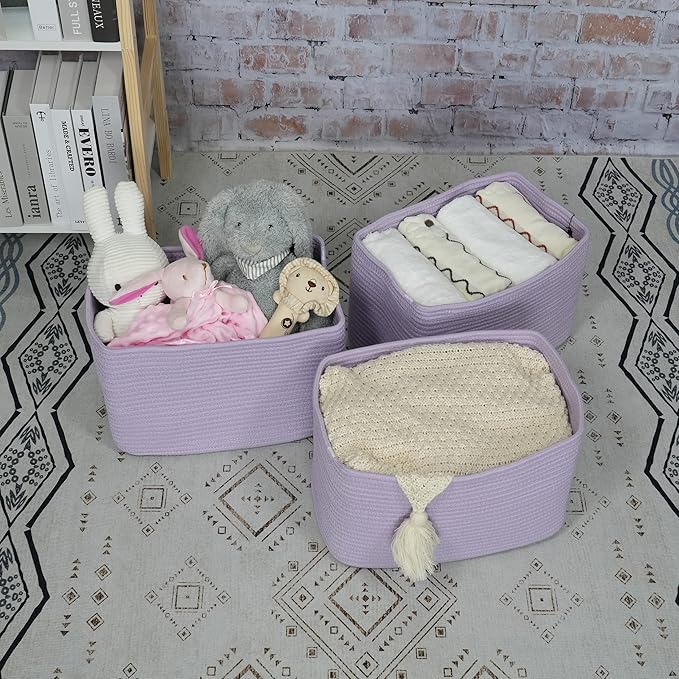 Cotton Rope storage Basket Bins Woven Basket for Organizing Shelves 14.5X9.5X9.3" Rectangle Decorative Baskets For storage Clothes Toys Books Towels Nursery basket organizer 3 pack purple or lavender