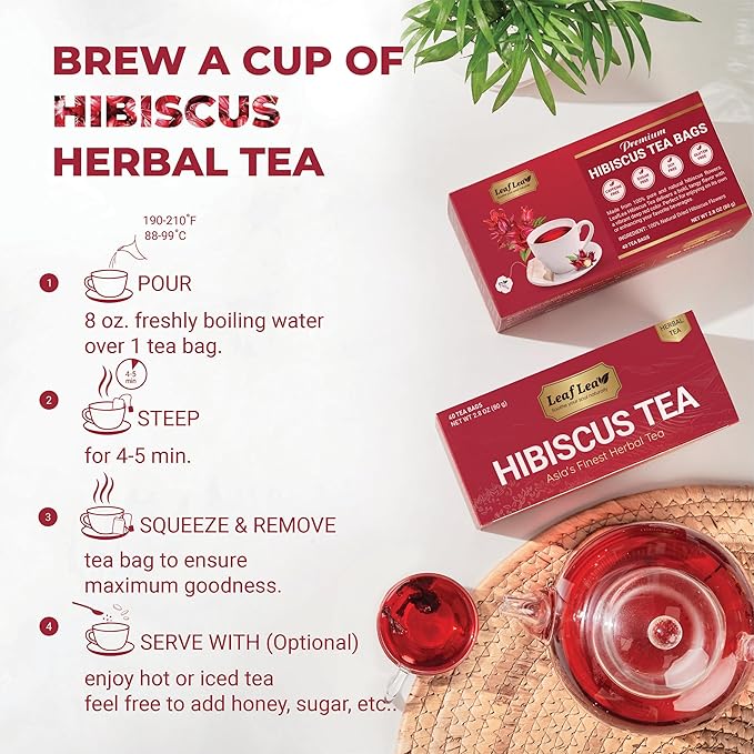 LeafLea Hibiscus Tea Bags – 240 Count, Individually Wrapped, 100% Natural Hibiscus Flower Herbal Tea, Caffeine-Free, Sugar-Free, Non-GMO, Rich in Flavor & Color, Te de Hibisco, Jamaica Tea (Pack of 6)