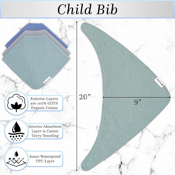 Bandana Bibs with 3 Waterproof Lining Organic Cotton Drool Bibs for Adults and Children, Adjustable Snaps