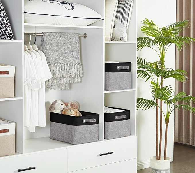 DECOMOMO Storage Baskets for Shelves - Fabric Storage Bins, Linen Closet Organizers and Storage (Grey & Black, Large - 4 Pack)