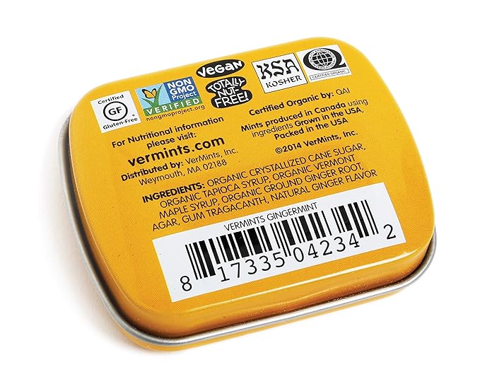 VerMints Organic Breath Mints GingerMint - Real Ginger Flavored Candies - Travel Size Tin - Non-GMO, Nut Free, Gluten Free, Vegan, Kosher & Organic Candy Mints - .63oz/18g (Pack of 12)