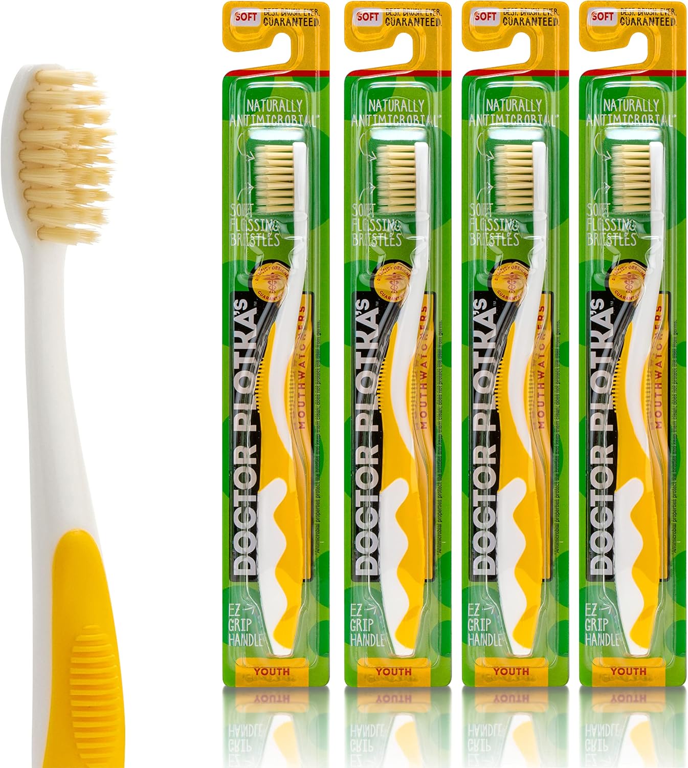 MOUTHWATCHERS Soft Childrens Flossing Manual Toothbrush, Value Pack of 4, Yellow Toothbrushes for Kids & Teens, Ultra Clean, by Dr. Plotka's