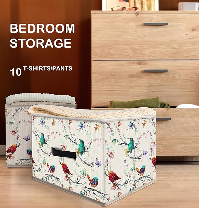 Nogrit Colorful Birds Storage Bins Box, Toybox for Girls, Floral Branches Butterfly Bird Foldable Baskets Organizer Container with Handles for Kids Girls Bedroom Bathroom Clothes Toys Books