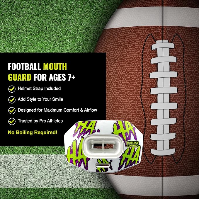 DAMAGE CONTROL Youth Football Mouth Guard – Breathable No Boil Mouthpiece, Protects Lips & Teeth, Works with Braces, Includes Helmet Strap – Sports Gear & Accessories (HA HA HA)