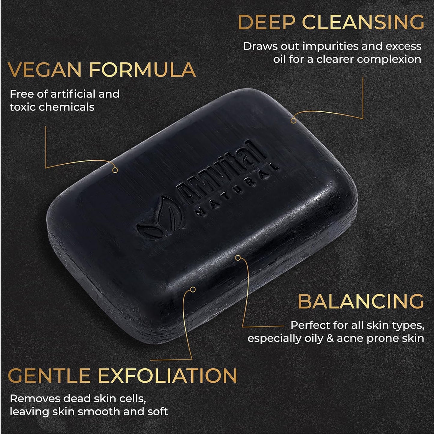 AMVital Natural Charcoal Soap Bar Set - 3-Pack Plant-Based Face & Body Soap for Daily Use - Deep-Cleansing Bar Soap for All Skin Types - Vegan Gift Set for Men & Women