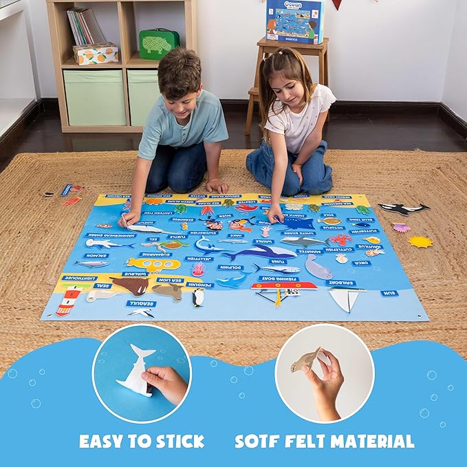 BONNYCO Felt Board for Toddlers with 107 Sea Animals Figures. Montessori and Sensory Toys, Birthday Gifts for Kids 3-8 Years Old. Educational Games, Learning Activities, Christmas