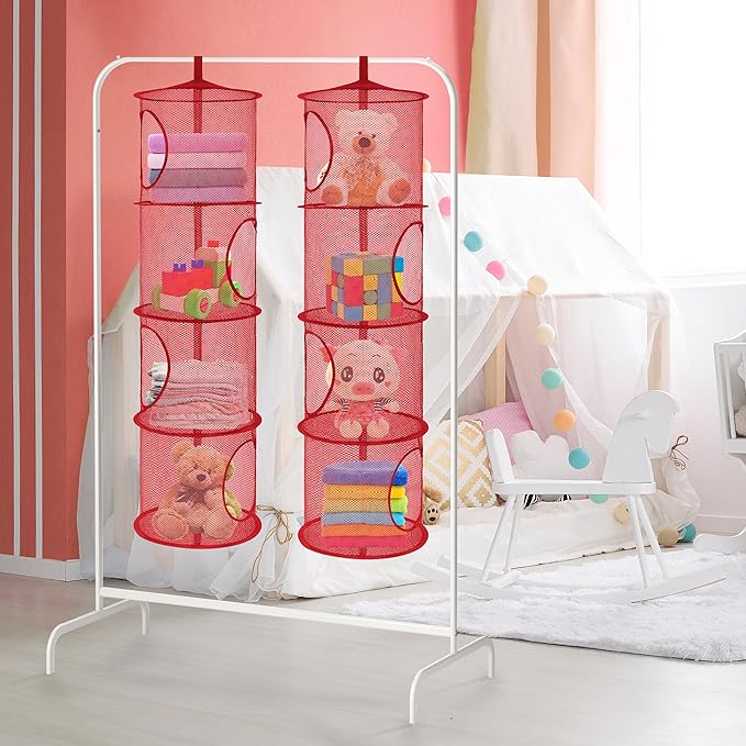 Libeder Stuffed Animal Storage Mesh Hanging Storage Space Saver Bags Organizer,Foldable Storage Organizer 4 Compartments Toy Net Storage Basket for Kids Room Bathroom 2 Sets Red