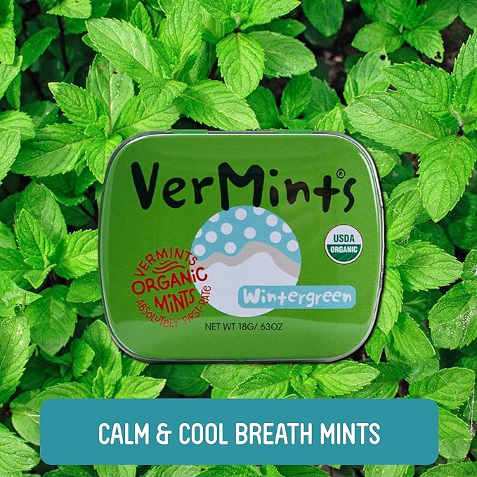 VerMints Organic Breath Mints Wintergreen - Real Long-Lasting Refreshment, Travel Size Tin - Non-GMO, Vegan, Nut Free, Gluten Free & Kosher Organic Candy Mints- .63oz/18g Tins (Pack of 12)