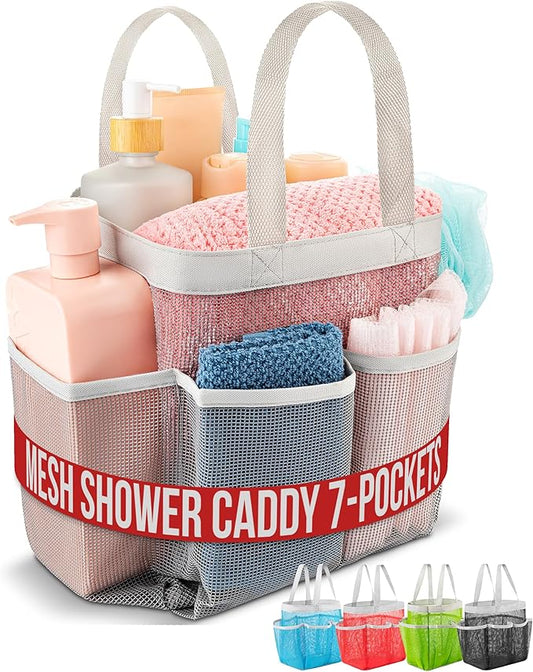 Handy Laundry Masirs Mesh Shower Caddy - 7 Pocket Portable Bathroom Organizer Tote for Travel, Gym & Dorm - Collapsible Small Shower Caddy Bag to Hold Toiletries & Essentials (Gray)