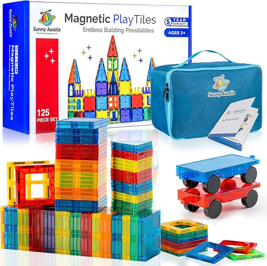 Magnetic Tiles 125 PCS+ Bonus Zippered CASE, Kids Toy for 3 4 5 6 7 8 Year Old Boys & Girls, Magnetic Tiles Building Set, Great Gift for Kids Aged 3-8, XL Set