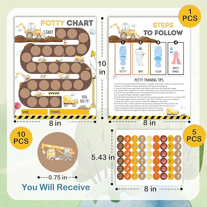 Potty Training Chart, 10 Potty Training Reward Chart for Toilet Success, 8"x10" Construction Routine Calendar with Stickers for Toddler Boys - A02