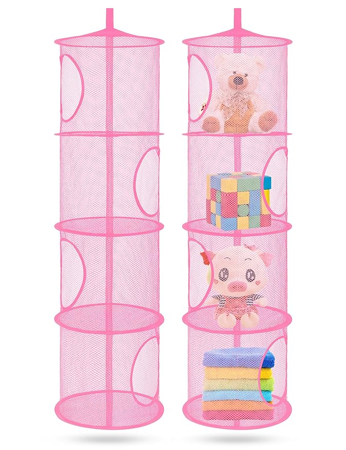 Libeder Mesh Hanging Storage Space Saver Bags Organizer,Foldable Storage Organizer 4 Compartments Toy Storage Basket for Kids Room Bathroom 2 Sets Pink