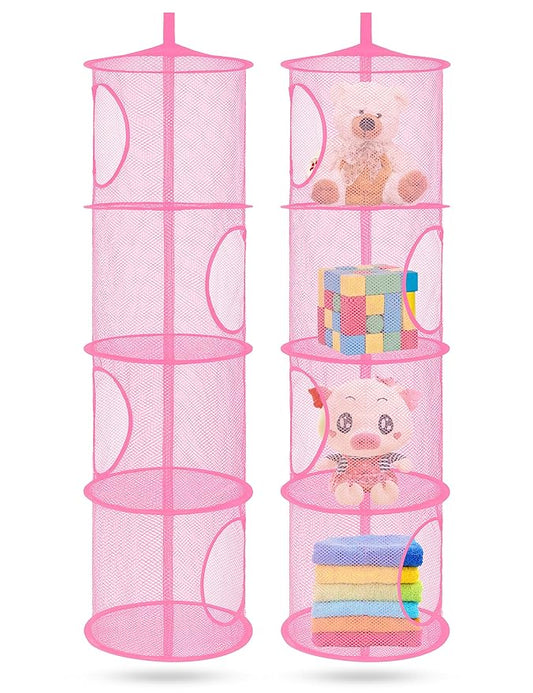 Libeder Mesh Hanging Storage Space Saver Bags Organizer,Foldable Storage Organizer 4 Compartments Toy Storage Basket for Kids Room Bathroom 2 Sets Pink