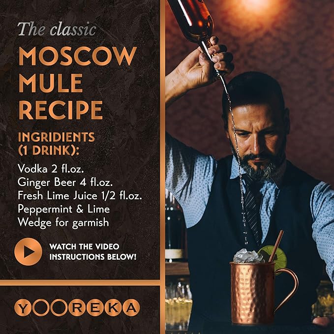 Gift Set Moscow Mule Mugs Set Of 4 16 oz Solid Cooper, 100% Pure Copper Cups Cylindrical Shape HANDCRAFTED, BONUS 4 Straws, 4 Wood Coasters, Stirring Spoon, And Shot Glass (Square)