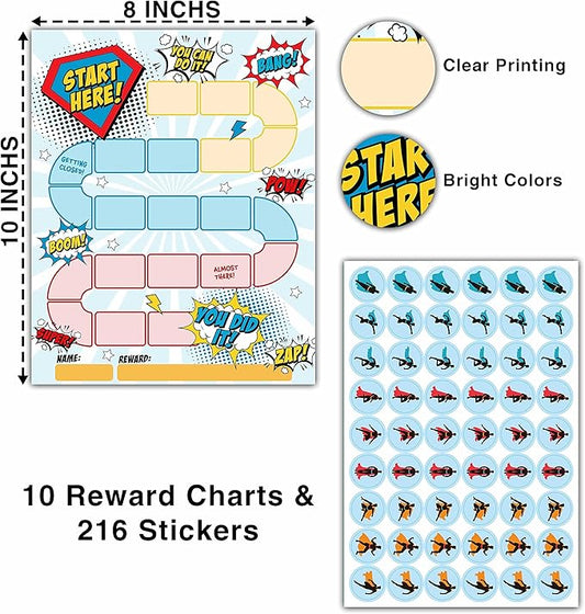10 Superhero Reward Chart with 216 Round Stickers, Incentive Behavior Chart for Kids at Home Classroom, Kids Routine Daily Chore Sticker Chart-A12
