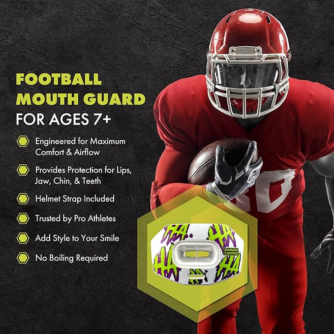 DAMAGE CONTROL Youth Football Mouth Guard – Breathable No Boil Mouthpiece, Protects Lips & Teeth, Works with Braces, Includes Helmet Strap – Sports Gear & Accessories (HA HA HA)