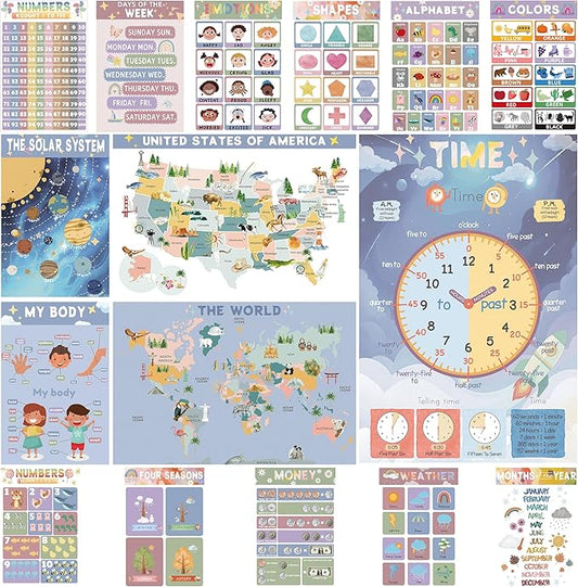 16 Educational Posters for Preschoolers, Laminated PreK Learning Poster Charts for Toddlers 1-3, Learning Wall Charts for Kids’ Bedroom, Playroom, Preschool, Kindergarten and Homeschool (Morandi A)