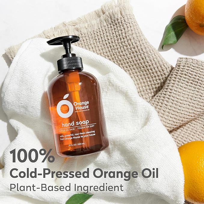 Orange House Natural Liquid Hand Soap with Food-Grade Orange Oil, Cruelty-free, Soft and Moisturizing, 12 Fl Oz