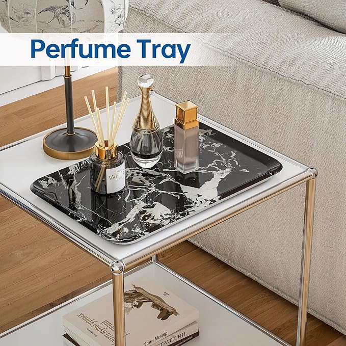Vanity Decorative Tray, 12" x 8" Black Marble Pattern Perfume Tray, Bathroom & Countertop Organizer for Soap, Jewelry, Candle