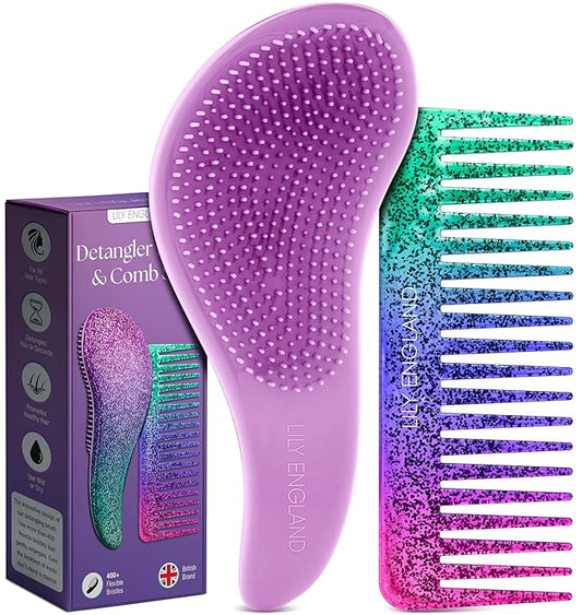 Lily England Detangling Comb & Hair Brush Set - Wide Tooth Comb for Curly, Straight, Thick, Fine & Wet Hair - Gentle & Pain-Free Detangler for Women & Kids - Lightweight Haircare Tools, Purple-Glitter