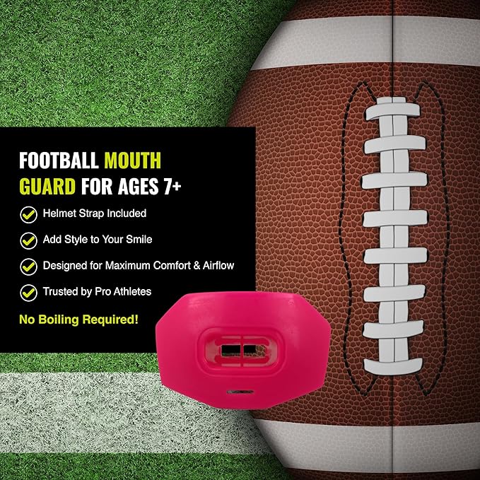 DAMAGE CONTROL Youth Football Mouth Guard – Breathable No Boil Mouthpiece, Protects Lips & Teeth, Works with Braces, Includes Helmet Strap – Sports Gear & Accessories (Hot Pink)