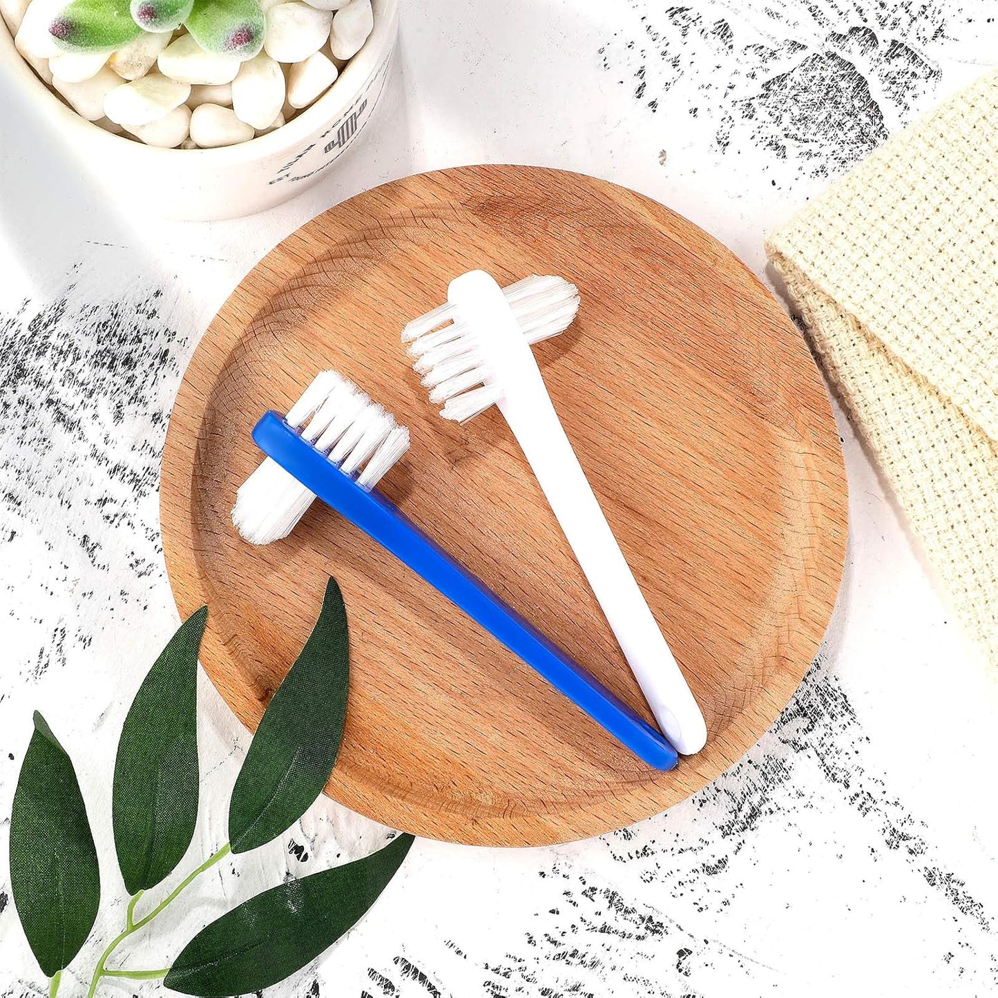 Patelai 6 Pack Denture Cleaning Brush Dual Head Portable Denture Toothbrush Hard Double Sided Multi-Layered Bristles False Teeth Toothbrush for Care Clean Clear Brace Mouth Guard(Blue White,Flat)