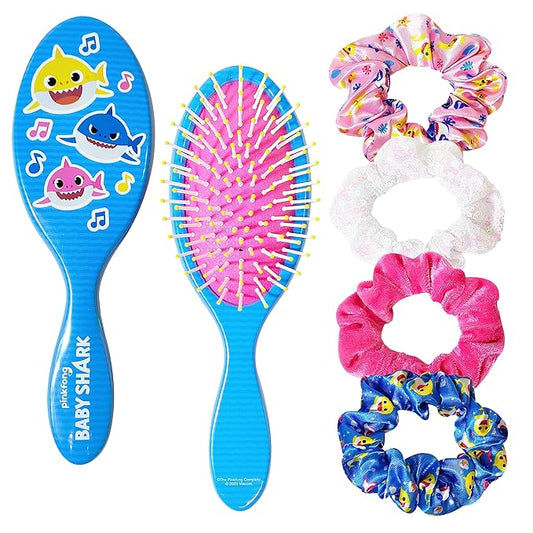 Baby Shark Hair Accessory Set: 9-inch Regular Detangling Brush, 4 Elastic Hair Ties & Scrunchies for Kids