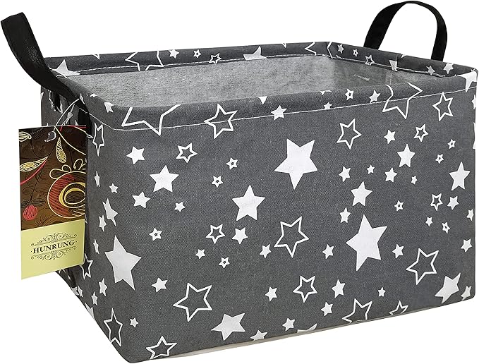 HUNRUNG Rectangle Storage Basket Cute Canvas Organizer Bin for Pet/Children Toys, Books, Clothes Perfect for Rooms/Playroom(REC-Grey star)