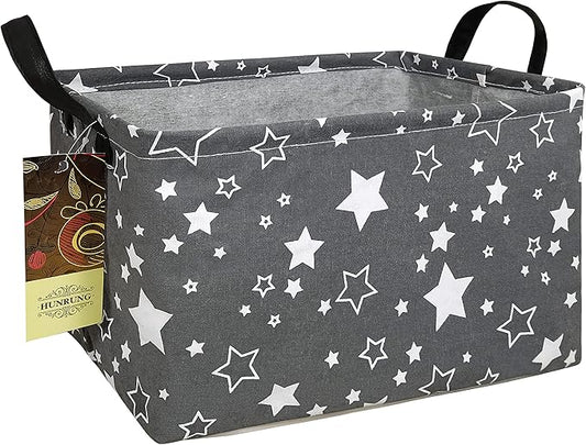 HUNRUNG Rectangle Storage Basket Cute Canvas Organizer Bin for Pet/Children Toys, Books, Clothes Perfect for Rooms/Playroom(REC-Grey star)