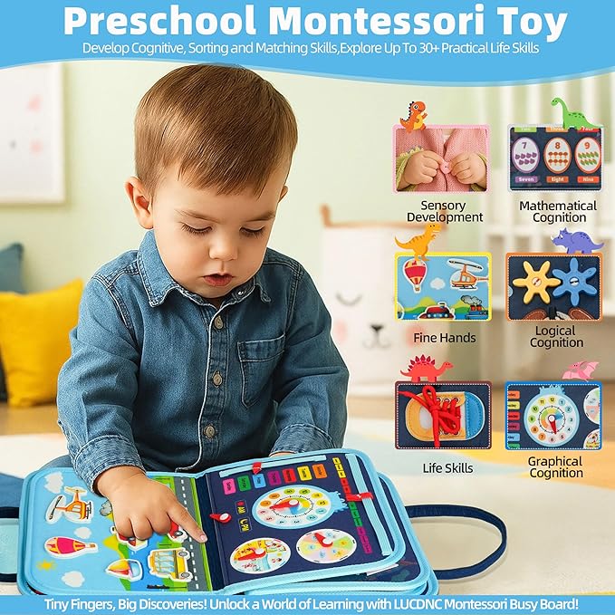 Toddler Busy Board Montessori Toys for 3 Year Old Birthday Gifts for Kids 10 Pages in 1 Soft Felt Activity Book Develop Fine Skills Educational Learning Sensory Travel Toys for Airplane Car