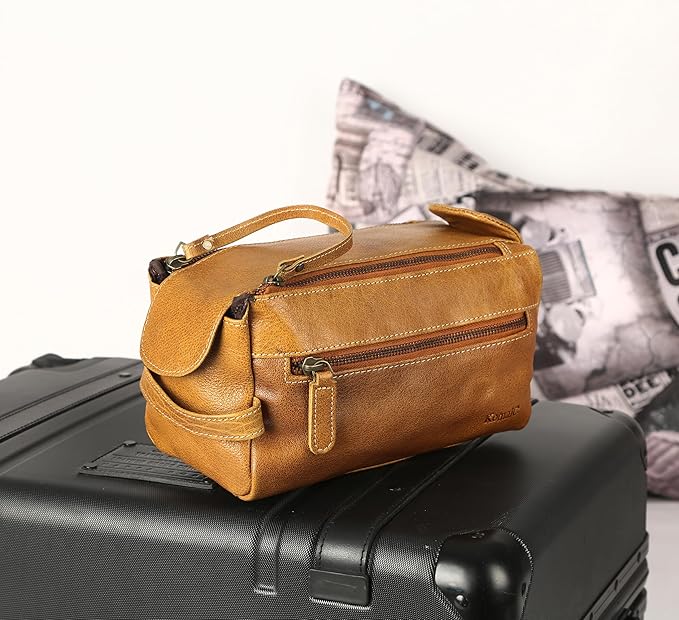 KomalC Premium Buffalo Leather Toiletry Bag for Men & Women – Leather Dopp Kit With Water resistant Lining, Premium Toiletry Travel Pouch, Unisex Wash Bag for Toiletries, Gifts for Men and Women