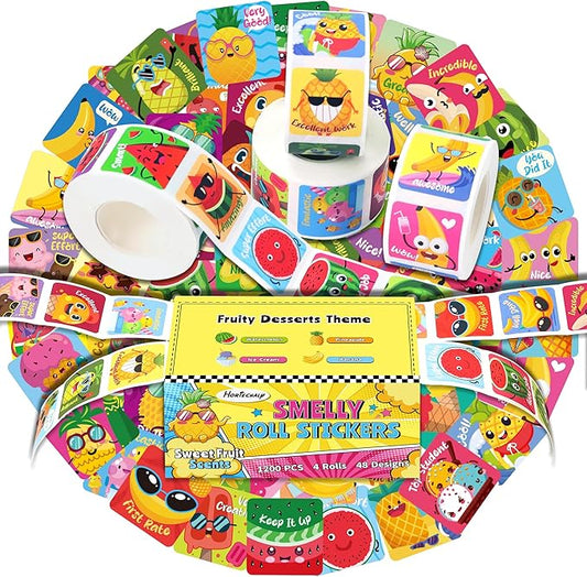HORIECHALY 1200 Pcs Scented Stickers for Kids, 4 Rolls Scratch and Sniff Smelly Motivational Reward Stickers, Classroom Teacher Must Haves, School Supplies Incentives for Students(0.98")