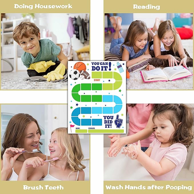 20 Sports Reward Chart with 432 Round Stickers, Incentive Behavior Chart for Kids at Home Classroom, Kids Routine Daily Chore Sticker Chart-B14