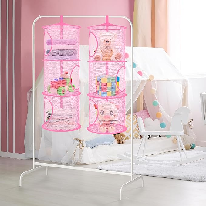 Libeder Mesh Hanging Storage Space Saver Bags Organizer,Foldable Storage Organizer 3 Compartments Toy Storage Basket for Kids Room Bathroom 2 Sets Pink
