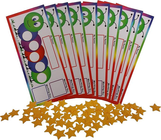 Kenson Kids “I Can Do It!” Caterpillar Token Board 10 Pack – Dry Erase Classroom- Student Incentive Star Charts - Ages 3-10 - Positive Reinforcement Boards with Customizable Goal Box-Measures 5 x 11”
