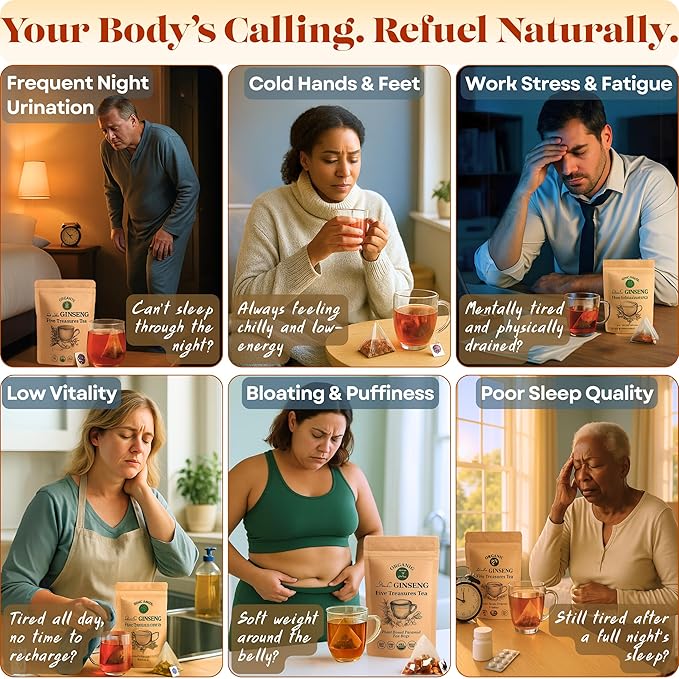 2 Pack of Dr. Lu’s Organic Ginseng Five Treasures Tea Kidney Tea | Ginseng Six Treasures tea for Kidney Cleanse Detox & Repair with Maca Root in Corn Fiber Pyramid Bags (No Plastic/Nylon) | Made in US