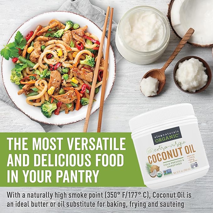 Viva Naturals Organic Coconut Oil, 32 fl oz – Unrefined, Cold-Pressed Extra Virgin Coconut Oil, USDA Organic & Non-GMO, Natural Cooking Oil, Hair Oil & Skin Oil