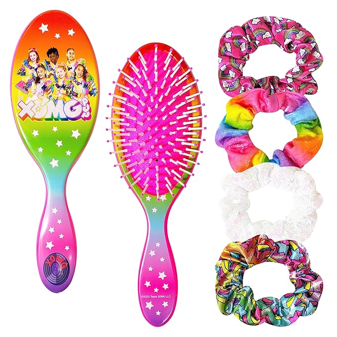 LUV HER Hair Brush 5 Pcs Set - 9 inch Detangling Brush For Girls + 4 Elastic Scrunchies For Kids - Hair Accessories Ages 3+