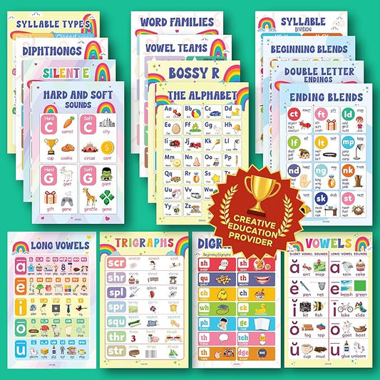 EXCOOL CLUB 16 Pcs Sound Wall Classroom Phonics Posters - Syllable Types Posters For Classroom Decor, Long And Short Vowel Chart Digraphs And Blends Poster For Kids Toddler Learning (11x17 Inch)