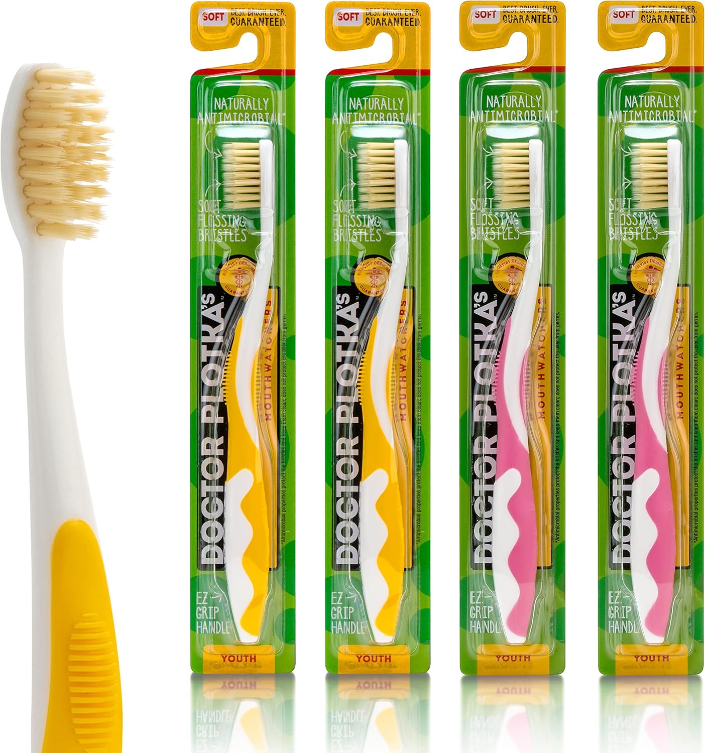 MOUTHWATCHERS Soft Childrens Flossing Manual Toothbrush, Value Pack of 4, Yellow and Pink, Toothbrushes for Kids & Teens, Ultra Clean, by Dr. Plotka's
