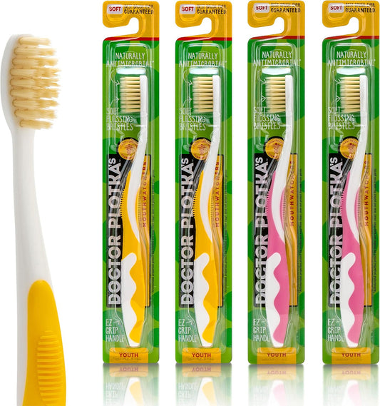MOUTHWATCHERS Soft Childrens Flossing Manual Toothbrush, Value Pack of 4, Yellow and Pink, Toothbrushes for Kids & Teens, Ultra Clean, by Dr. Plotka's