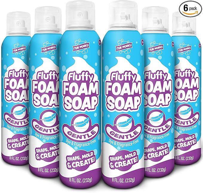 Tub Works™ Fluffy Foam Soap, White, 6 Pack | Shape, Mold & Create Bathtub Art with Soft Bath Foam for Kids | Fragrance-Free & Dye-Free Kids Bath Soap | Easy-to-Use Spray Nozzles