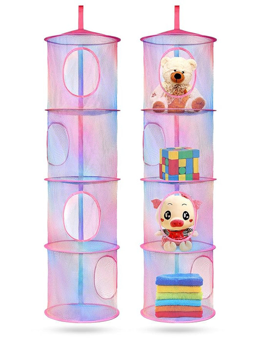 Libeder 2Pcs Mesh Hanging Storage Organizer, 4 Compartments, Foldable, Portable, Casual Style, Hanging Organizer for Kids Room, Pink (Rainbow Tie Dye)