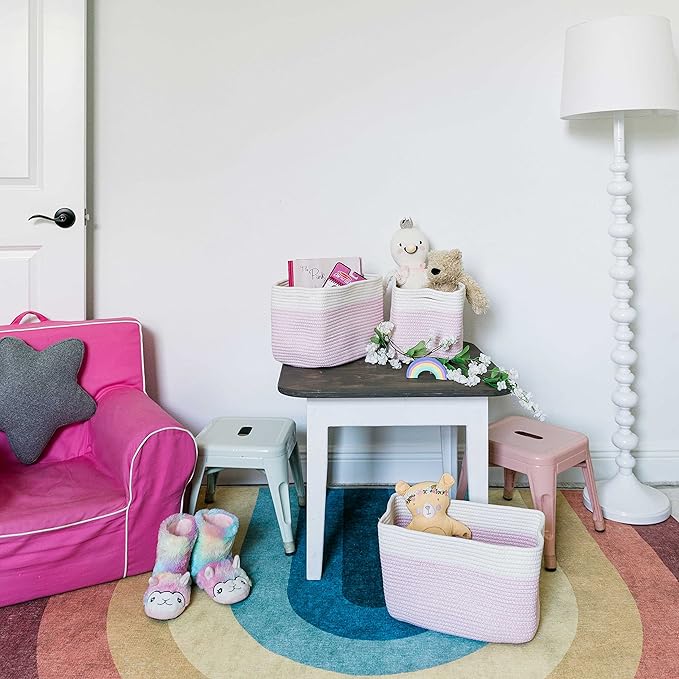 OrganiHaus Set of 3 Pink Woven Storage Baskets for Shelves, Decorative Organizer Bins for Closet & Bathroom, Multipurpose Home Organization Baskets, Toy Storage Basket - 15x9x10 inches