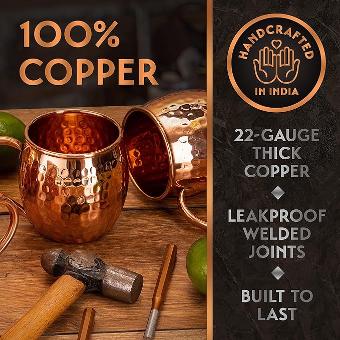 Gift Set Moscow Mule Mugs Set Of 4 16 oz Solid Cooper, 100% Pure Copper Cups HANDCRAFTED, BONUS 4 Straws, 4 Wood Coasters, Stirring Spoon, Shot Glass and Cleaning brush (Oval)