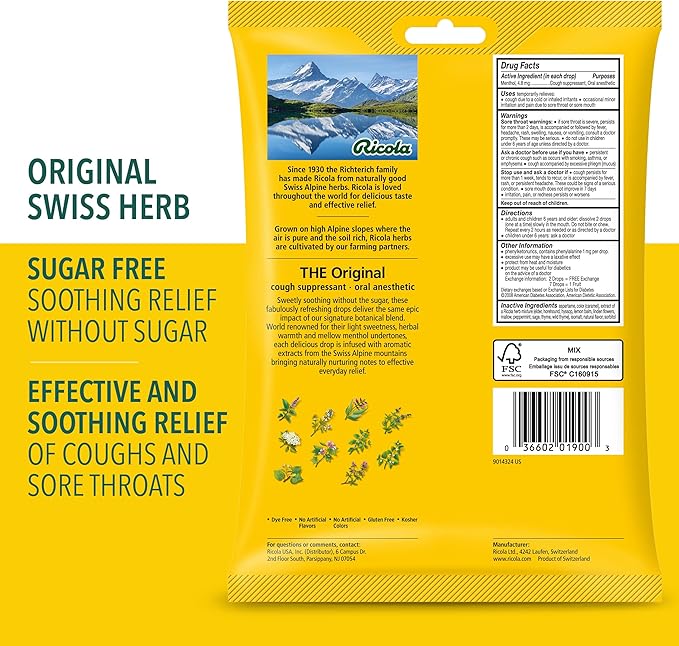 Ricola Sugar Free Original Natural Herb Cough Drops, 45 Count, Cough Suppressant & Throat Relieving Drops with Naturally Sourced Menthol, Pleasing Taste for Coughs & Throat Irritation Symptom Relief