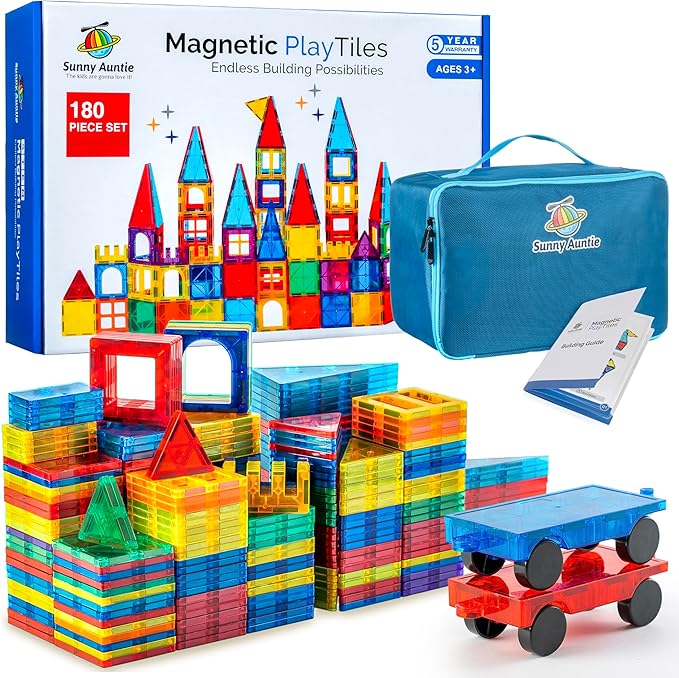 Magnetic Tiles 180 PCS+ Bonus Zippered CASE, Magnetic Tiles for Kids Toy for 3 4 5 6 7 8 Year Old Boys & Girls, Great Gift for Kids Aged 3-8, XL Set