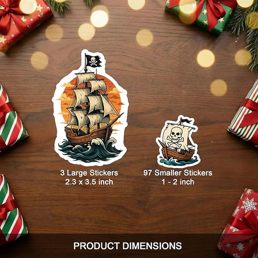 100 PCS Pirate Stickers Pack – Funny Adventure Vinyl Waterproof Decals with Ships, Treasure Maps, Sea Creatures for Laptop, Water Bottle, Car, Scrapbook, Kids, Adults Gifts